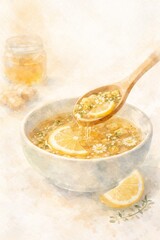Watercolor Illustration of Homemade Honey Lemon Cold Remedy in Bowl with Wooden Spoon