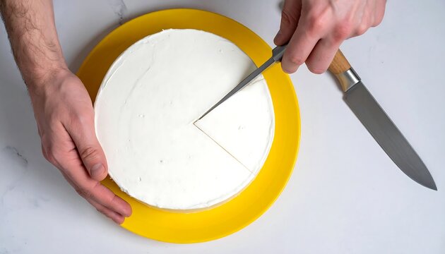 Overhead shot of hands cutting a frosted round dessert on a yellow plate with a silver and wood knife, table background