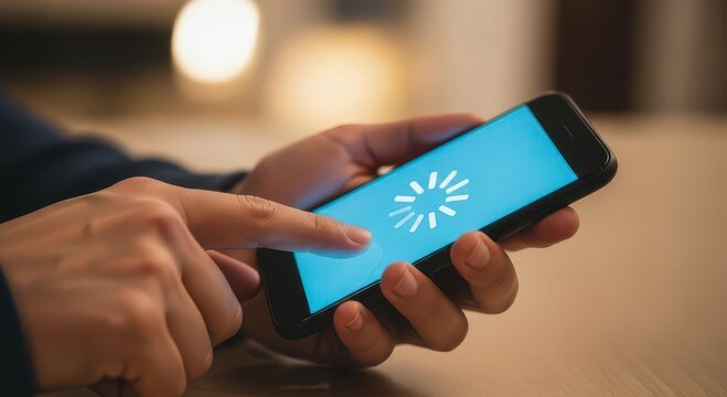 Person holding smartphone and touching screen with loading spinner icon while waiting for application or website to load against warm blurred indoor background. Concept of slow internet connection and