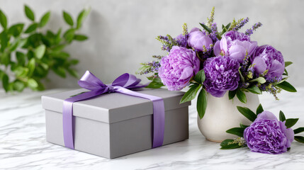 Obraz premium Elegant gift box with a purple ribbon, surrounded by blooming peonies and lilac flowers, symbolizing celebration, anniversary, love, and special occasions