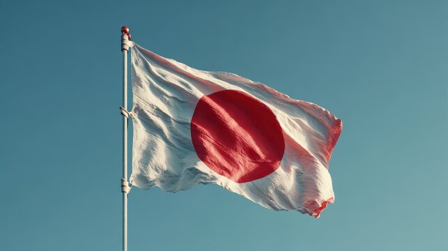 Waving National Flag of Japan against a clear blue sky