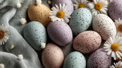 Obraz premium A collection of colorful Easter eggs and white daisies on a gray fabric background