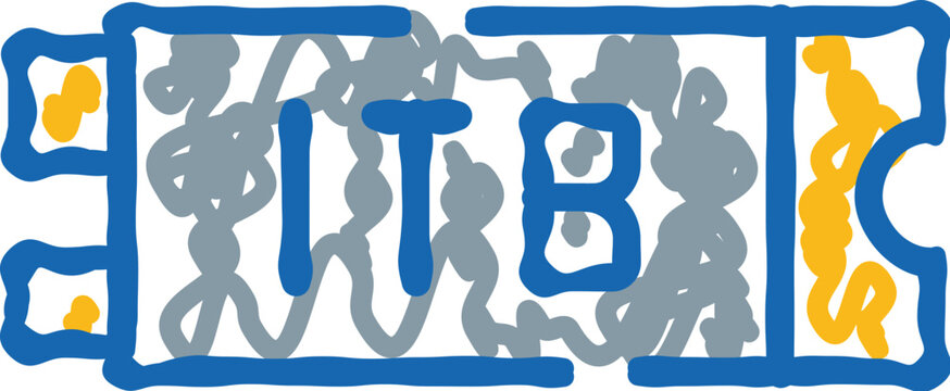Itb text appearing on a travel ticket icon, rendered in a distinctive blue and yellow hand drawn doodle style, conveying concepts of booking and convention