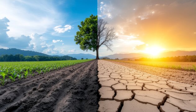Global environmental crisis A stark contrast between thriving nature and arid desertification due to climate change