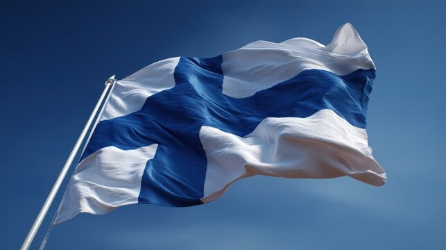 National flag of Finland waving in the blue sky