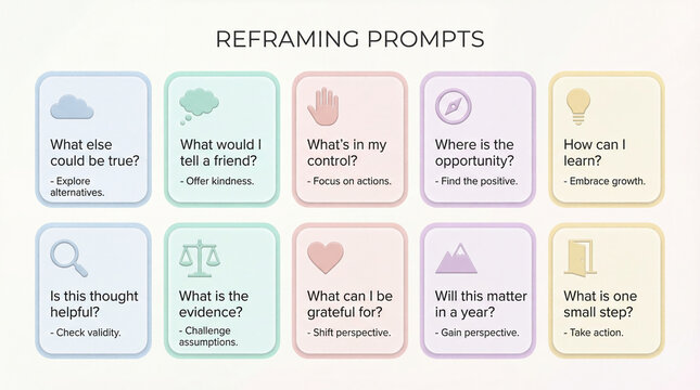 Reframing prompts support calmer thinking. Reframing prompt cards feature reflective questions for mindset shifts, gratitude, evidence, control, growth, small steps, therapy use, coaching