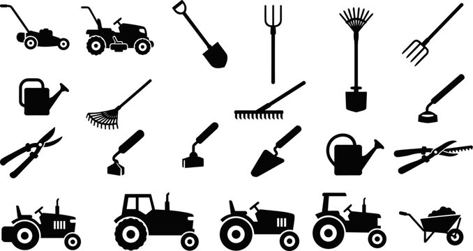 Black silhouette vector icon set of gardening tools and farming equipment featuring tractors, lawn mower, wheelbarrow, shovels, rakes, watering cans, and pruning shears.