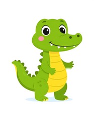 Cartoon alligator smiling. Green body, yellow tummy and tail. Cute, simple, on white backdrop