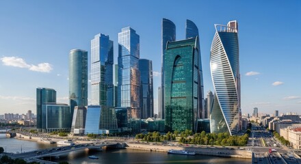Obraz premium Modern city skyline with various high rise buildings against a blue sky