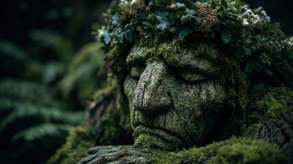 Fototapeta premium Ancient moss-covered stone sculpture face nature forest green plants mysterious overgrown serene art expression