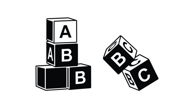 Black and white silhouette illustration of alphabet blocks in stacks and scattered positions for educational themes.
