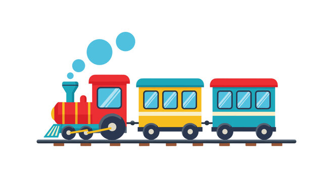 Bright and colorful cartoon toy train engine with two passenger cars moving along a track with small steam clouds.