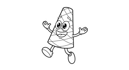Happy cartoon character shaped like an ice cream cone with a smiling face, wide-open eyes, and arms and legs, dancing or jumping with joy.