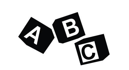 Black silhouettes of three alphabet blocks featuring letters A, B, and C, early childhood education and basic learning concepts.