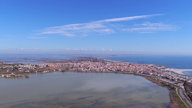 Aerial view of the town of Saintes Maries de la Mer, in the Bouches du Rh&ocirc;ne, in Provence, France