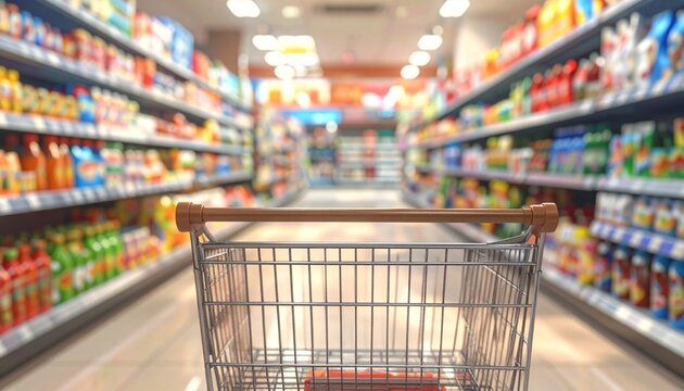 First Person View of Shopping Cart in Supermarket Aisle with Blurred Shelves for Retail and Consumer Concept