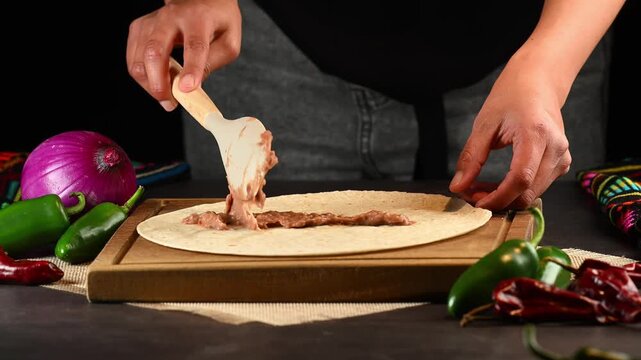 A woman's hands preparing a burrito, spreading refried beans on a flour tortilla, Mexican food
