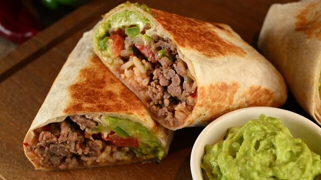 Aerial view of a burrito cut in half and served with guacamole dip, Mexican Food