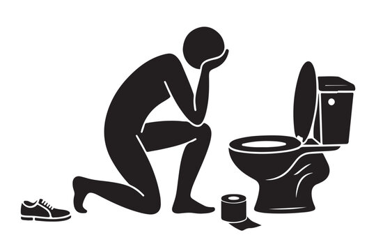 Silhouette of person feeling unwell kneeling by toilet experiencing nausea or sickness with tissue roll and shoes nearby