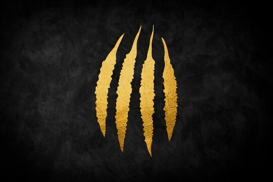 Cat scratch. Golden claw scratches set isolated on black background. Dragon, bear or tiger claw marks. Halloween monster paw scratch trace on surface. 3d vector illustration.