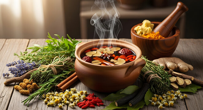 Herbal Medicine Soup Steaming in Clay Pot Surrounded by Herbs.
