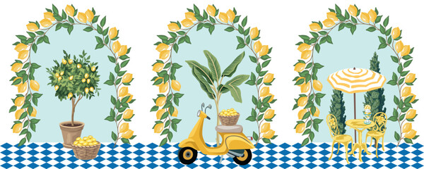 Obraz premium Italian cafe, gelato, lemon tree, scooter, banana tree arch seamless border. Summer resort print.