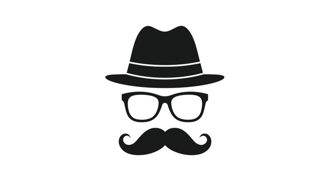 Black silhouette of a man head wearing a classic fedora hat, glasses, and a mustache representing a retro or detective style.
