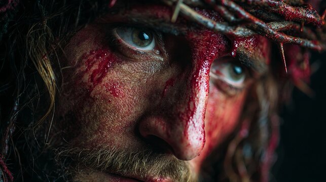 A close-up portrait of a man with a crown of thorns and blood on his face