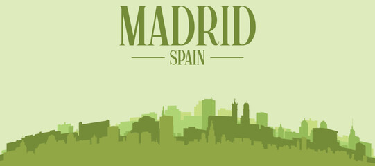 Fototapeta premium Green panoramic poster of the city skyline with solid background buildings on a hilly terrain of MADRID, SPAIN