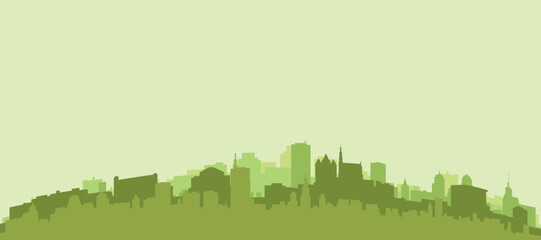 Green panoramic poster of the city skyline with solid background buildings on a hilly terrain of AMSTERDAM, NETHERLANDS
