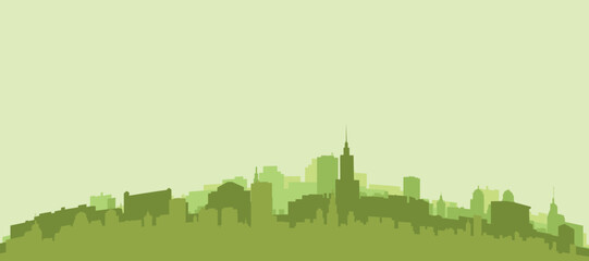 Green panoramic poster of the city skyline with solid background buildings on a hilly terrain of WARSAW, POLAND © Djerdj