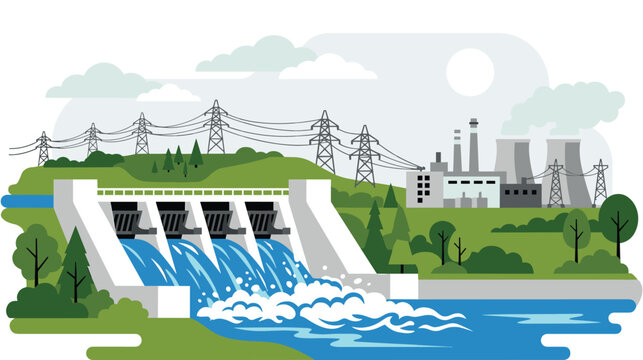 Industrial power plant with hydroelectric dam and energy power lines