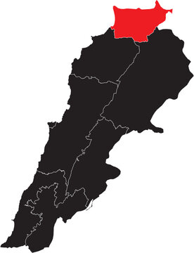 Akkar Governorate Highlighted on Map of Lebanon with Regions, Editable Vector
