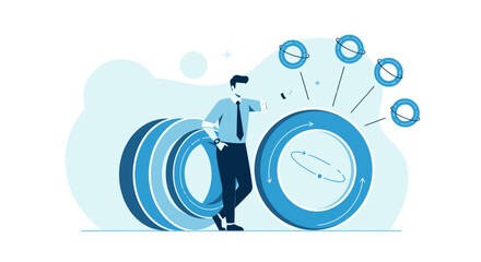 Fototapeta premium Businessman Analyzing Circular Progress Charts and Data Visualization