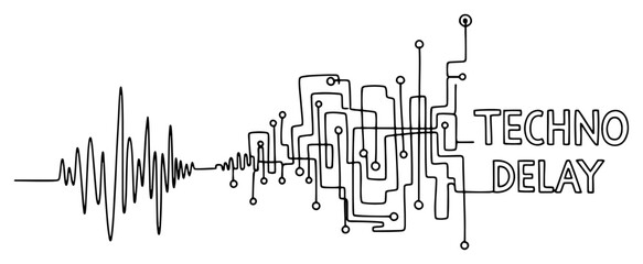 Obraz premium Audio sound wave transforming into digital circuit line pattern with techno delay text