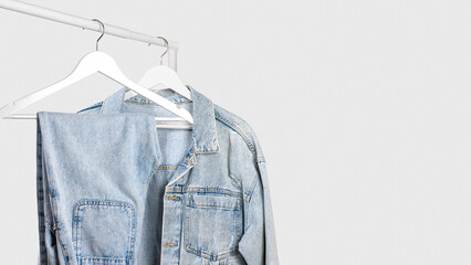 Light blue denim jacket and jeans on white wooden hangers on clothing rack, light gray background....