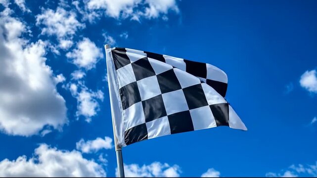 A checkered flag waving against a blue sky with fluffy clouds.