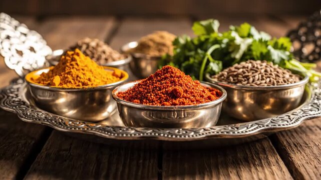 Assorted spices in metal bowls on rustic wooden table