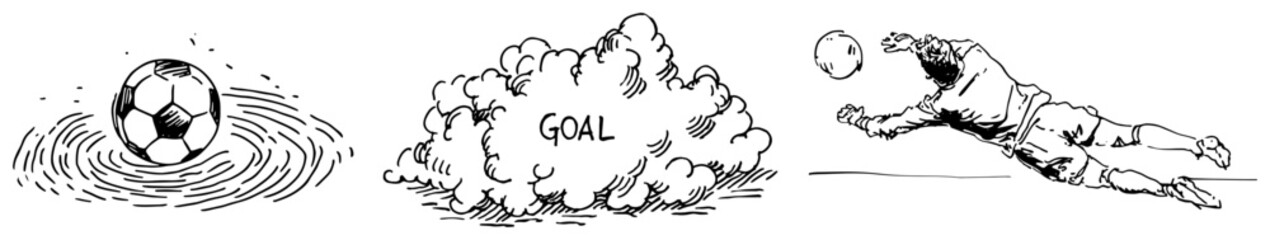 Fototapeta premium Soccer match elements with ball and goalkeeper diving for goal in a doodle style