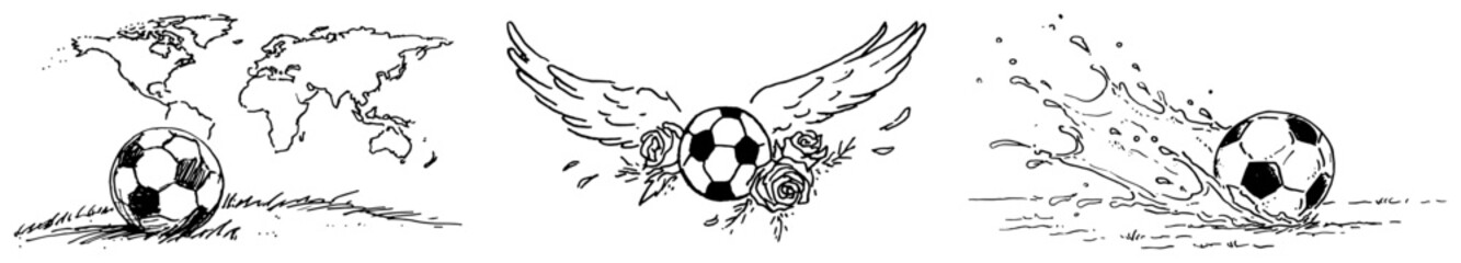 Soccer ball themed graphic elements including world map and wings in hand drawn sketch style © Katarzyna