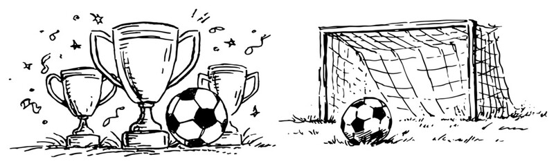 Soccer trophies with ball and goal on field in hand drawn sketch style © Katarzyna