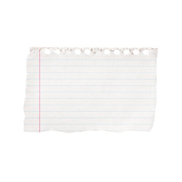 Torn piece of white notebook paper with blue lines and pink margin on checkered grid