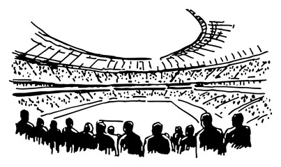 Fans watching soccer match from the stands of a crowded football stadium in ink sketch style © Katarzyna