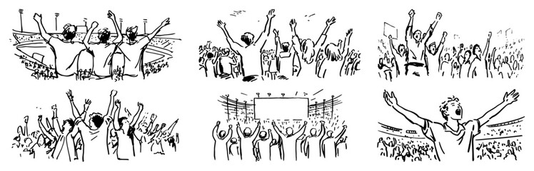 Cheering stadium crowd and fans with raised hands at sport event in hand drawn sketch style © Katarzyna