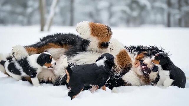 Massive Saint Berdoodle plays in snow with puppies and has fun rolling around on cold day