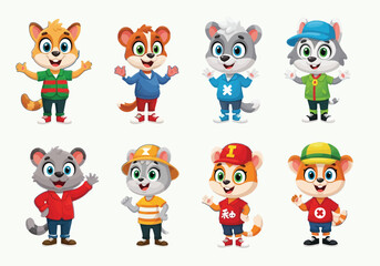 Obraz premium A vibrant collection of cartoon wild animals wearing casual clothes with happy expressions.