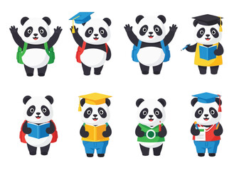 Obraz premium A delightful collection of eight cartoon panda characters showcasing various student and academic roles.
