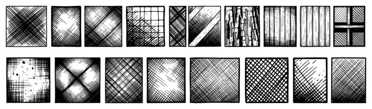 Shading textures and cross hatching patterns collection in hand drawn engraving style