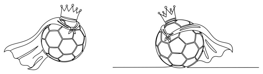 Soccer ball with crown and superhero cape for championship concept in continuous line art style © Katarzyna