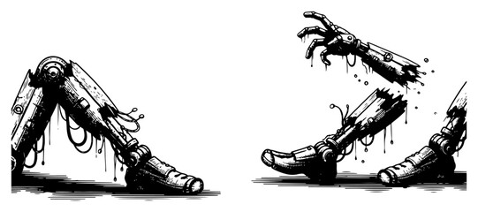 Fototapeta premium Robotic limbs and damaged cyborg body parts in broken ink sketch style